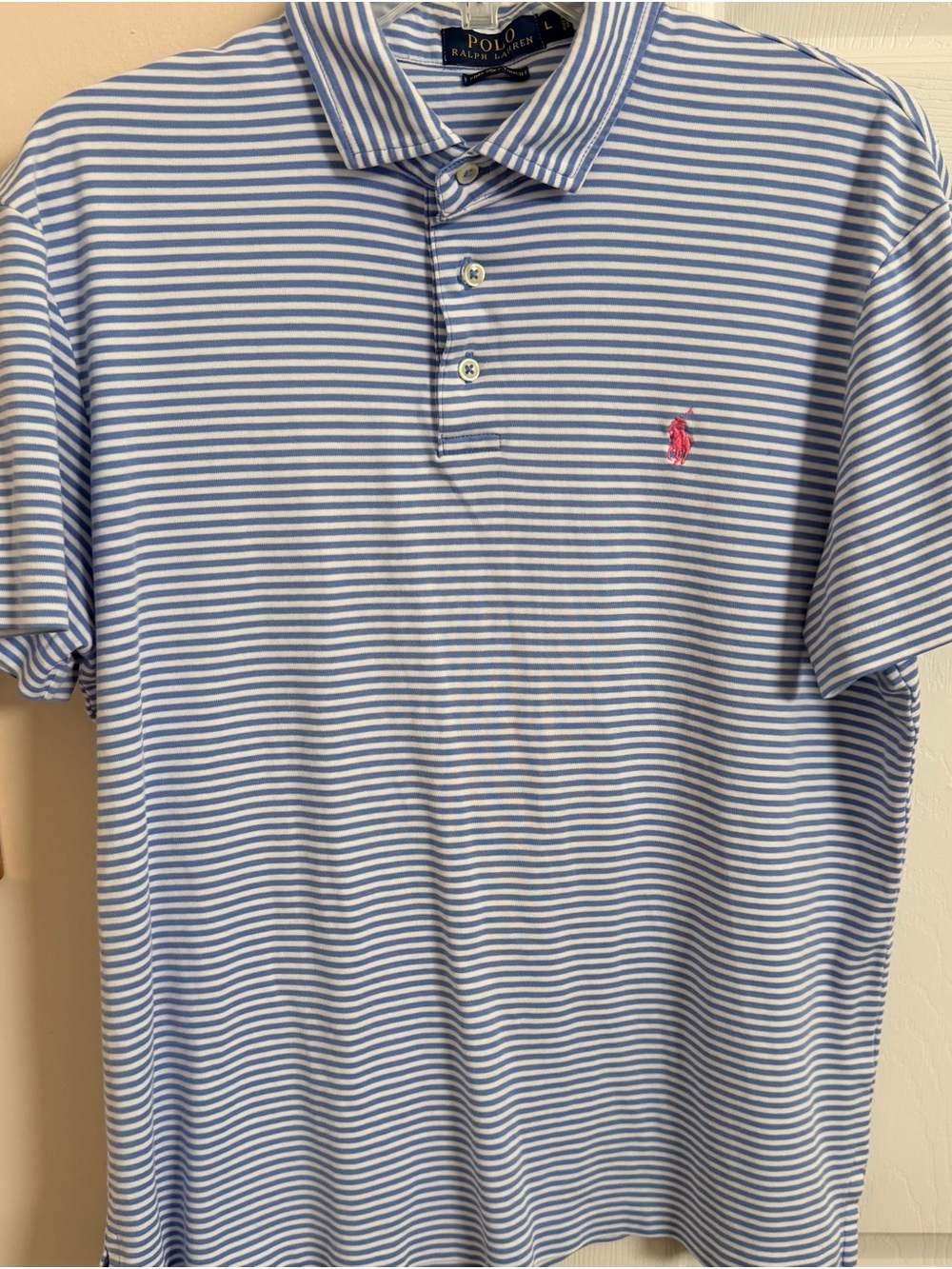Polo by Ralph Lauren Light Blue & White Striped Polo Shirt with Pink Logo Sz L